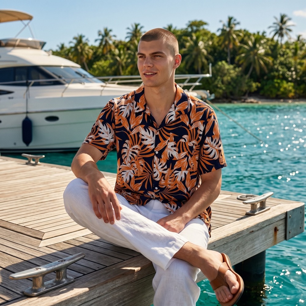 Onia Mens Tropical Leaf Print Short Sleeve Button Down Shirt Navy Orange Large